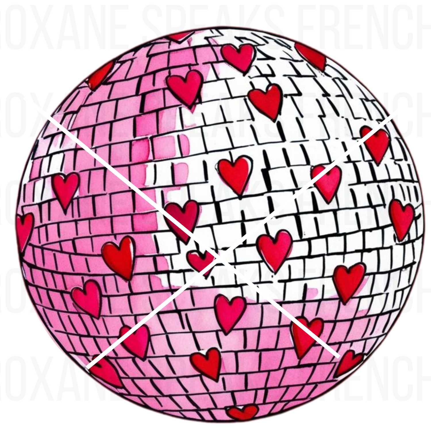 Pink disco ball with red heart pattern, perfect for Valentine's Day crafts, DIY decorations, and retro-themed designs