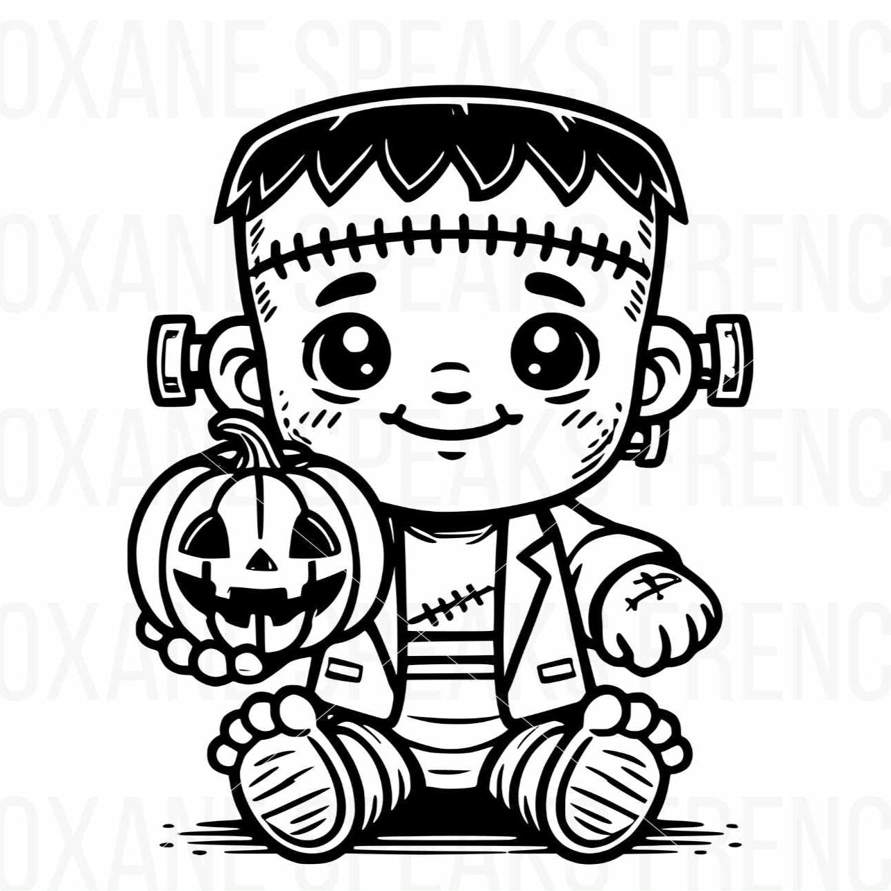 SVG and PNG of an adorable baby Frankenstein holding a pumpkin, designed with bold lines and a friendly expression for Halloween-themed crafting.