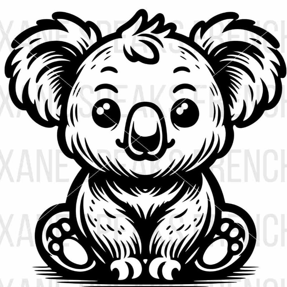 Adorable baby koala illustration with clean lines, available as an SVG and PNG file for crafting and DIY projects.