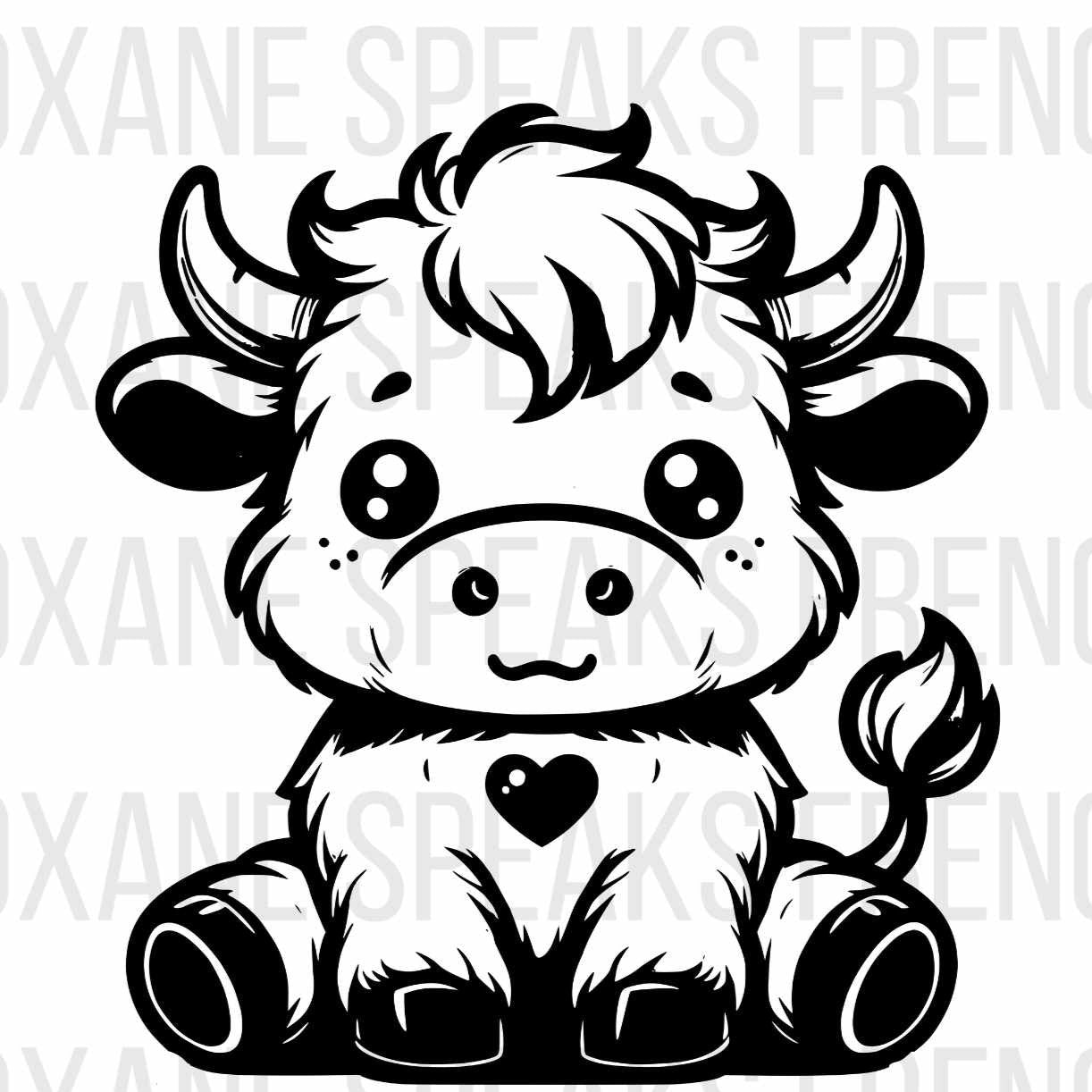 Adorable black and white illustration of a baby Highland cow with big eyes and a heart on its chest, available as an SVG and PNG file.