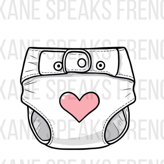 A digital illustration of a baby diaper with a pink heart on the front. The diaper has a belt-like fastener at the top with a buckle and button details. The design is simple and outlined in black, with minimal shading. The image is labeled "PNG" at the bottom and features the watermark "ROXANE SPEAKS FRENCH" across the background.