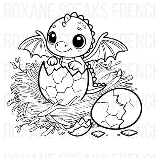 Adorable baby dragon hatching from an egg in a nest, with big expressive eyes and wings, surrounded by cracked eggshells. The design features bold, clean outlines, making it perfect for kids to color.