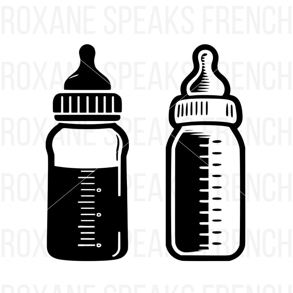 Two black and white silhouette-style baby milk bottles, each with detailed measurement lines. The bottle on the left features a standard design with a wider base and a straight nipple, while the bottle on the right has a slightly rounded design with a curved nipple, both ideal for baby-themed SVG designs and digital projects.