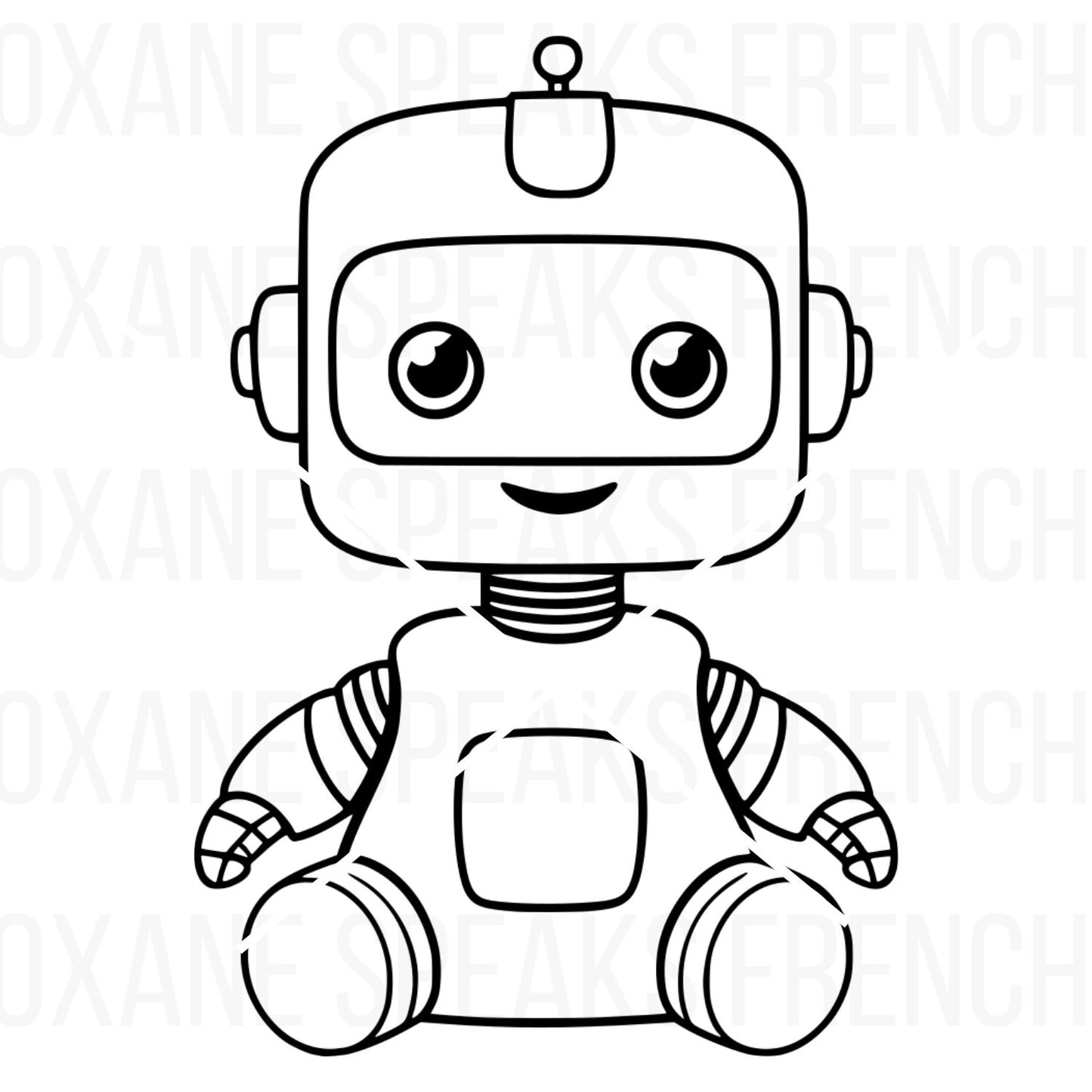 Baby robot SVG featuring an adorable cartoon-style robot with big, expressive eyes, rounded arms and legs, and a friendly smile, perfect for crafts and digital designs