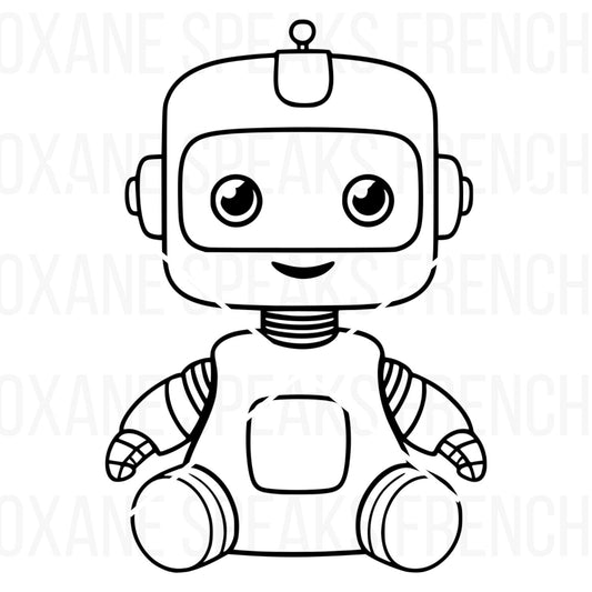 Baby robot SVG featuring an adorable cartoon-style robot with big, expressive eyes, rounded arms and legs, and a friendly smile, perfect for crafts and digital designs