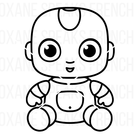 Baby SVG PNG clipart outline featuring a cute cartoon-style baby with big, expressive eyes, rounded limbs, and a friendly smile, perfect for crafting and digital projects