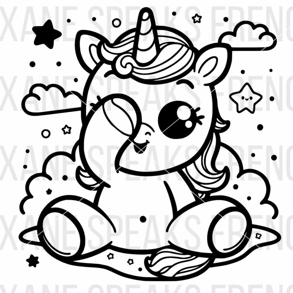 Black and white illustration of a baby unicorn sitting on a cloud, surrounded by stars and clouds, with a playful and whimsical expression. The image is available in SVG and PNG formats.