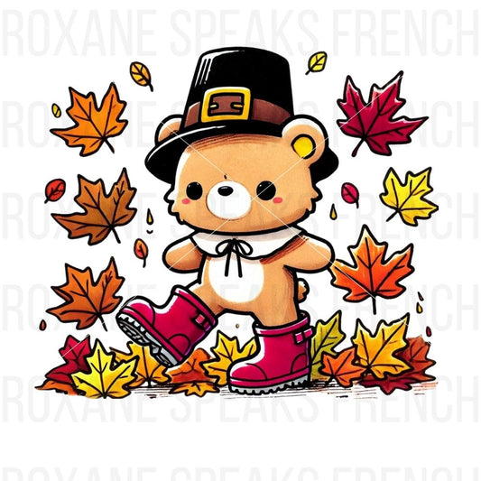 Cute bear wearing a pilgrim hat, collar, and pink boots, surrounded by colorful autumn leaves.