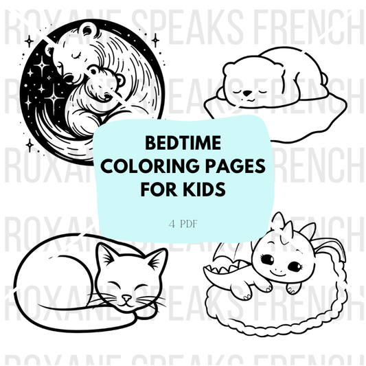 Bedtime coloring pages for kids with cartoon bears, polar bear, cat and dragon.