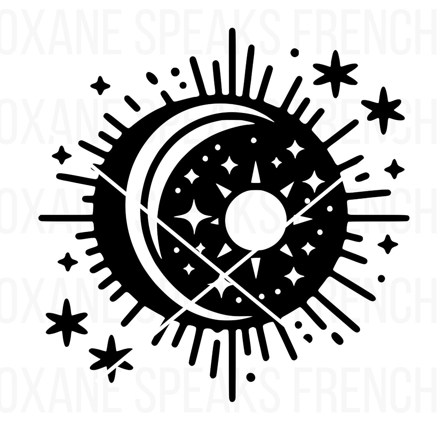 Detailed black and white celestial sun and moon clipart featuring stars and cosmic rays, ideal for SVG and PNG crafting projects like wall art, stationery, and custom apparel.