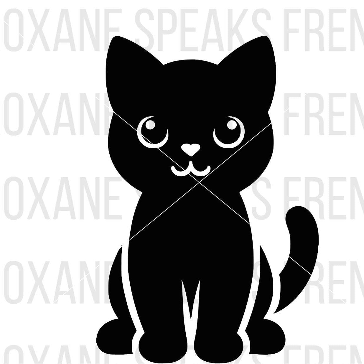 Cute black cat silhouette with heart-shaped nose on white background.