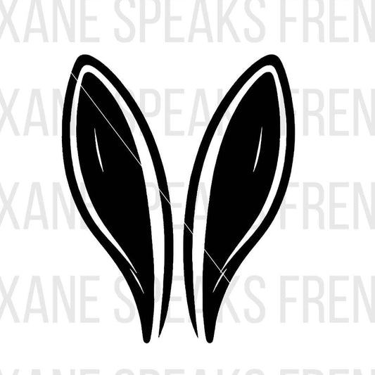 A black and white illustration of two bunny ears standing upright. The design is simple and bold, featuring clean lines and minimalistic details. The image is suitable for adding onto various characters or objects in digital and print projects.