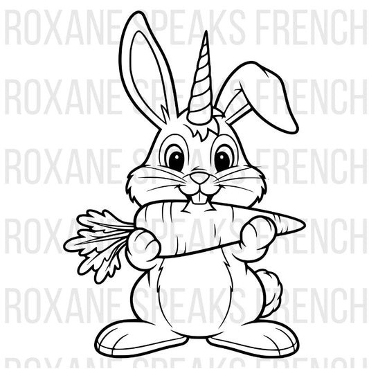 Bunny unicorn coloring page featuring a cute rabbit with unicorn horn holding a carrot - printable line art design for coloring enthusiasts