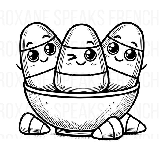 Three cute candy corn characters with big, expressive eyes sitting in a bowl. One candy corn is winking, and the others are smiling. The design has bold, clean lines, perfect for a fun and playful Halloween coloring page.