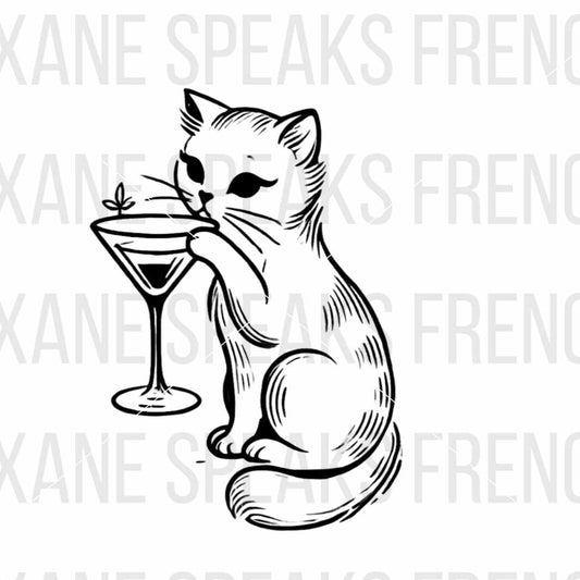 Elegant Cat Drinking Martini Cocktail Illustration SVG For DIY and Cricut Projects