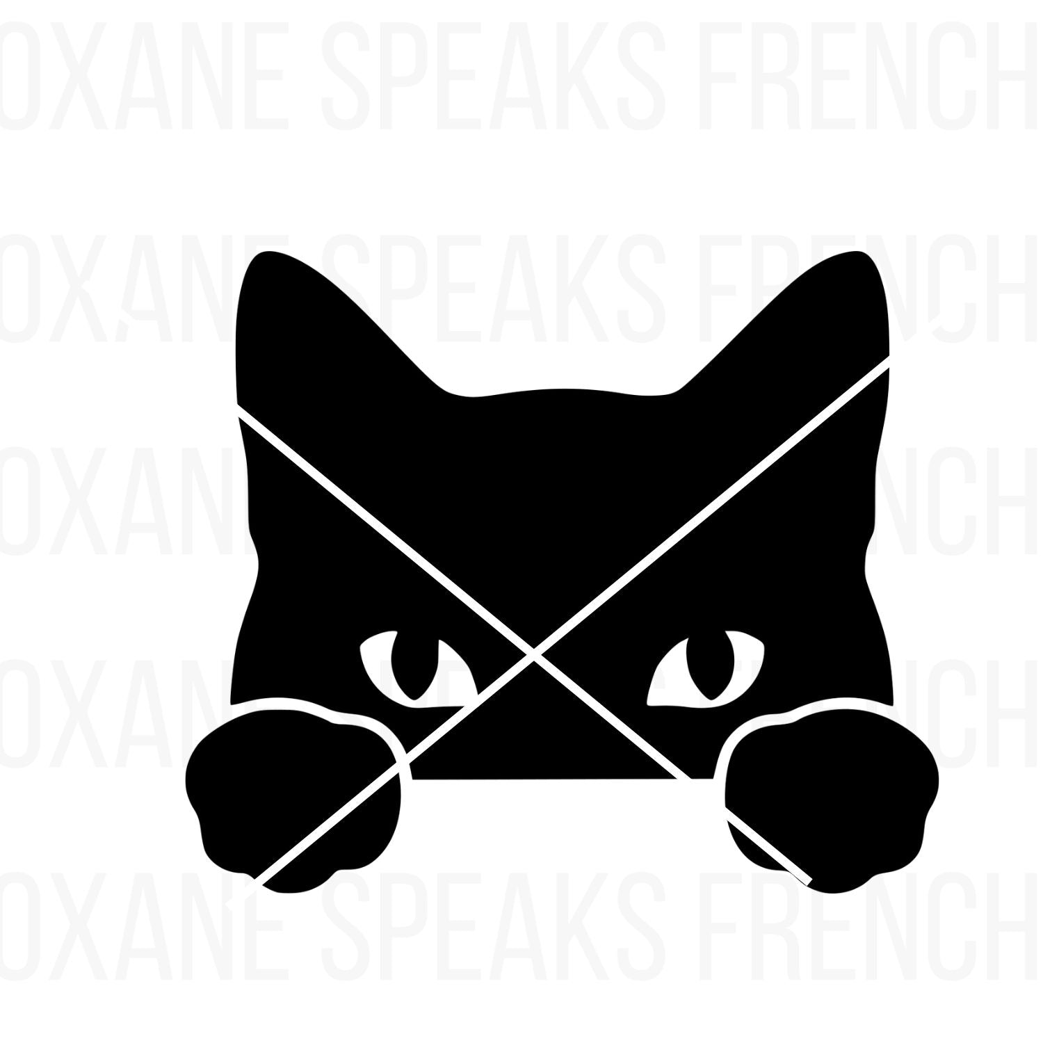 A black silhouette of a cat peeking over an edge with sharp, clean lines and detailed eyes, perfect for pet-themed DIY crafts, home decor, and personalized gifts.