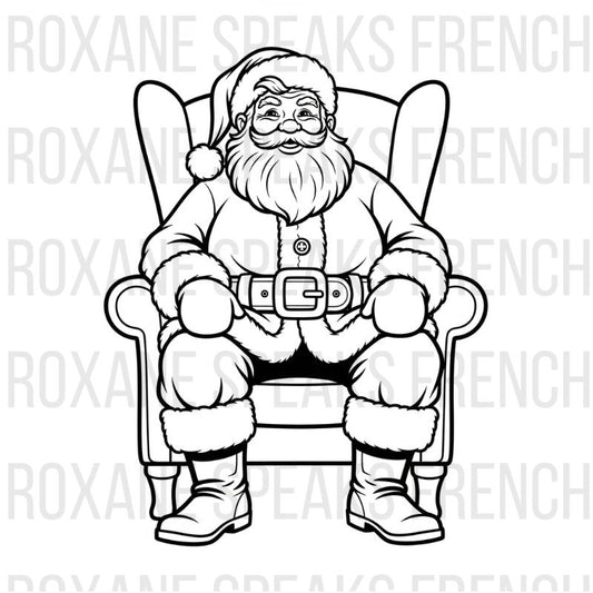 Christmas Santa coloring page featuring Santa Claus sitting relaxed in armchair with glasses, beard, festive outfit, belt, and comfortable holiday pose - printable line art
