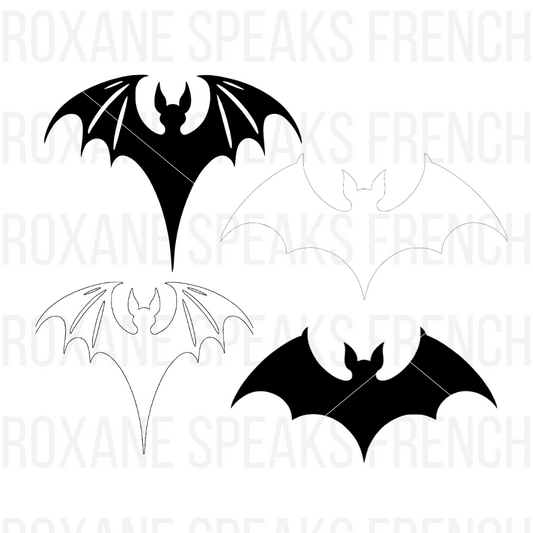 A bundle of four classic bat silhouette designs in various styles, including bold, outline, and minimalist versions, perfect for Halloween crafting.