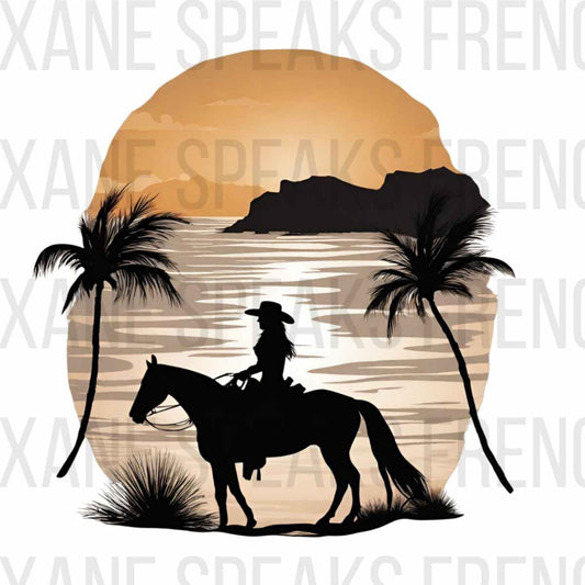 Coastal Cowgirl PNG File - Tropical Beach Horseback Riding Clipart for Crafting and Shirt Sublimation