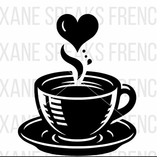 Elegant coffee cup SVG and PNG design featuring a steaming coffee cup with heart-shaped steam. Ideal for DIY projects such as personalized mugs, kitchen decor, and greeting cards. High-quality and detailed illustration suitable for various crafting applications