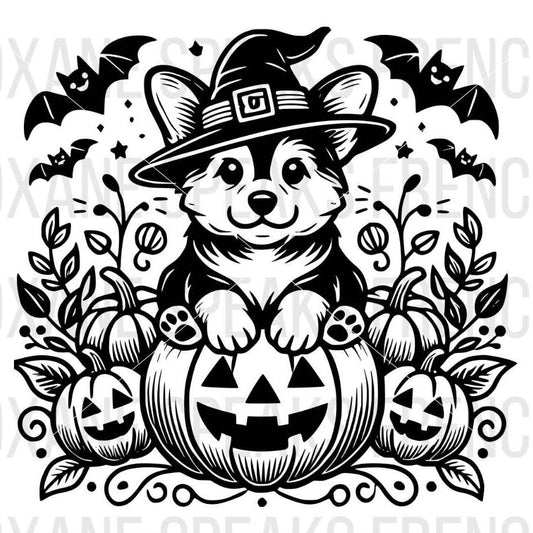 Halloween-themed Corgi puppy wearing a witch hat, sitting on a jack-o'-lantern surrounded by bats and pumpkins, available as an SVG and PNG for crafting projects