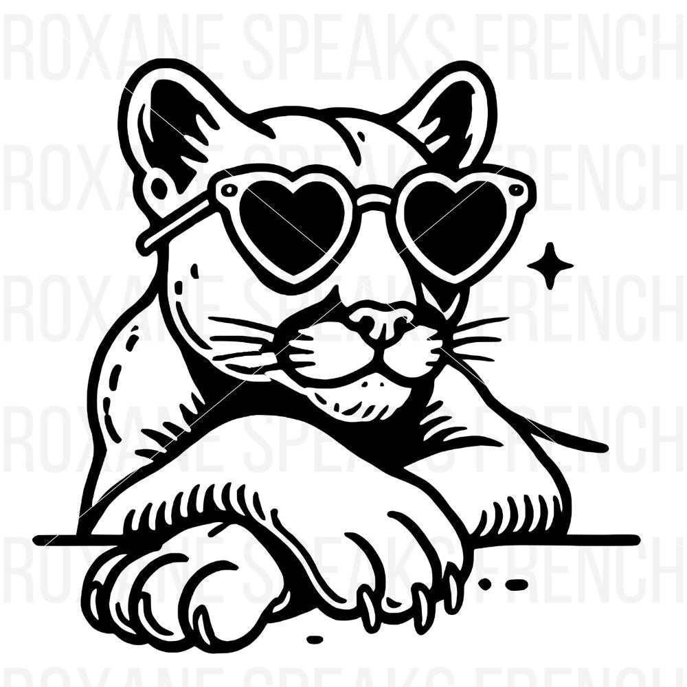 A black and white illustration of a cool-looking cougar wearing heart-shaped sunglasses. The cougar is resting its front paws on a surface, with a calm and relaxed expression, while its large sunglasses add a playful and trendy vibe to the image. 