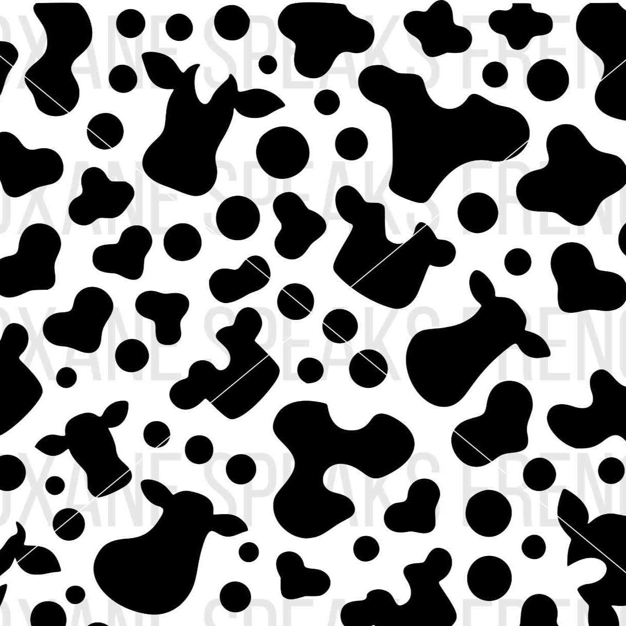 Black and white illustration of a cow print pattern with irregularly shaped spots. The image is available in SVG and PNG formats.