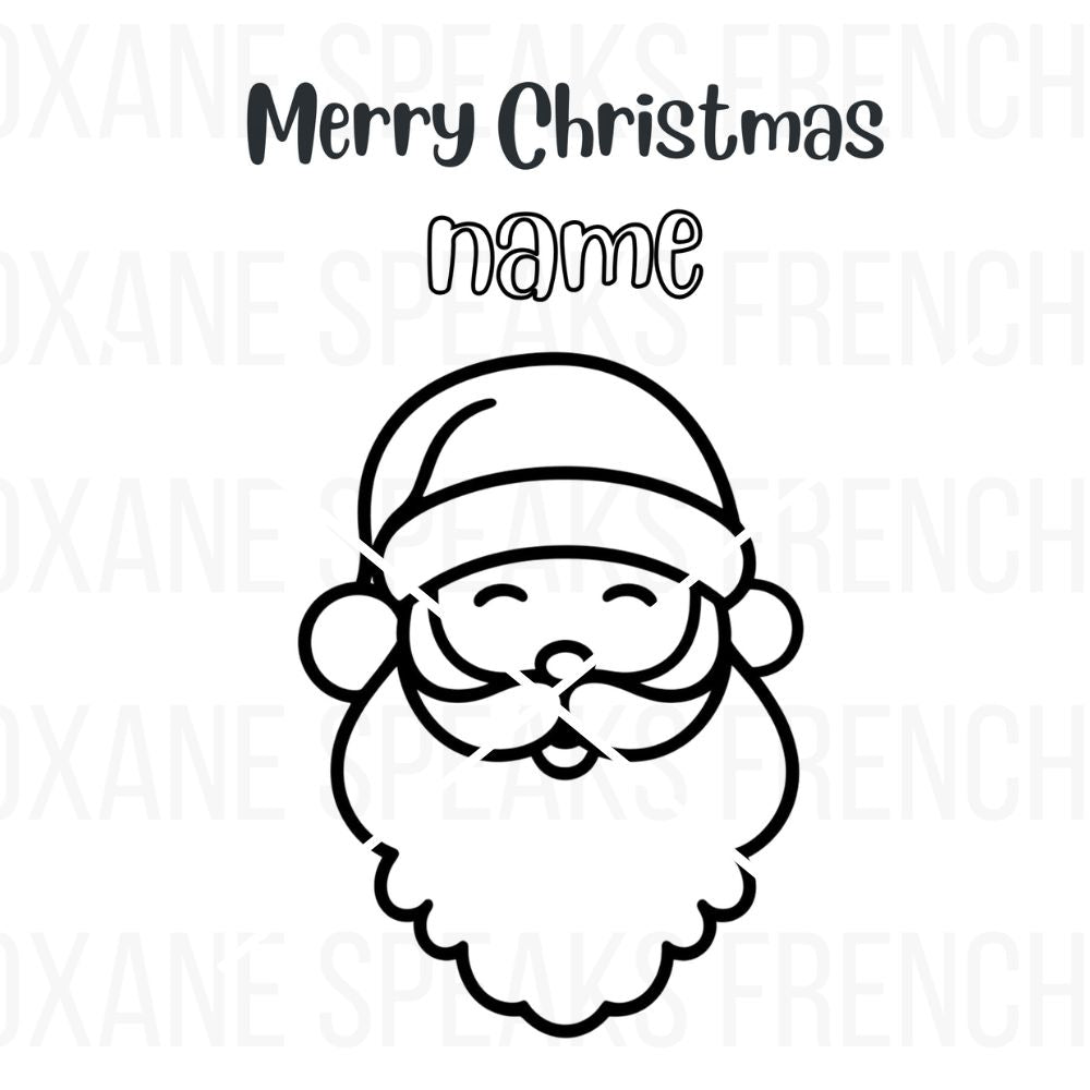 A cute and simple outline of Santa Claus with his iconic beard and hat, personalized with a name and "Merry Christmas" text.