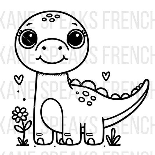 Adorable baby dinosaur with hearts and flowers, available as an SVG and PNG file for crafting and DIY projects.