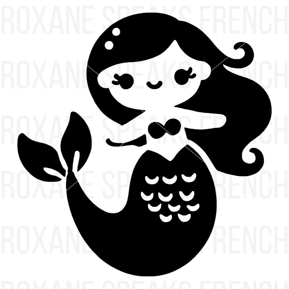 A cute black silhouette of a mermaid with a smiling face, long flowing hair, and a stylized fish tail, surrounded by simple shapes and details.