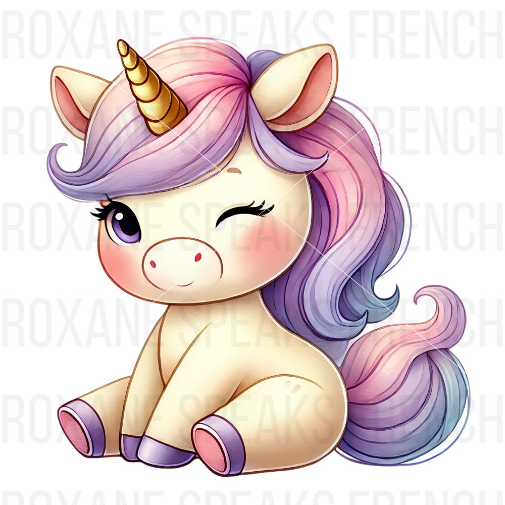 A cute baby unicorn with a winking expression, featuring soft pastel-colored hair in shades of pink and purple.