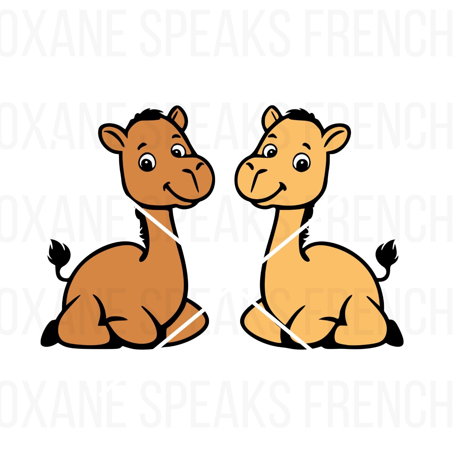 Two adorable cartoon-style camels sitting side by side, one in a light tan shade and the other in a darker brown. Both camels have cheerful expressions and clean, bold outlines, perfect for crafting, DIY projects, and print designs.