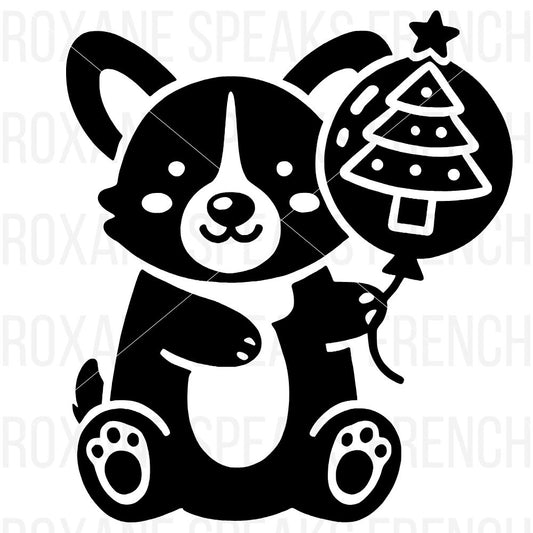 Black silhouette of a cute Corgi puppy holding a Christmas tree-shaped balloon, perfect for holiday-themed DIY craft projects and festive printables