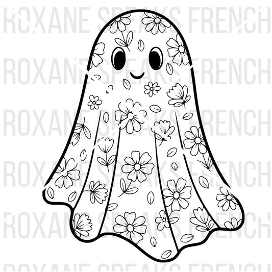 Black and white coloring page of a floral ghost on a white background 