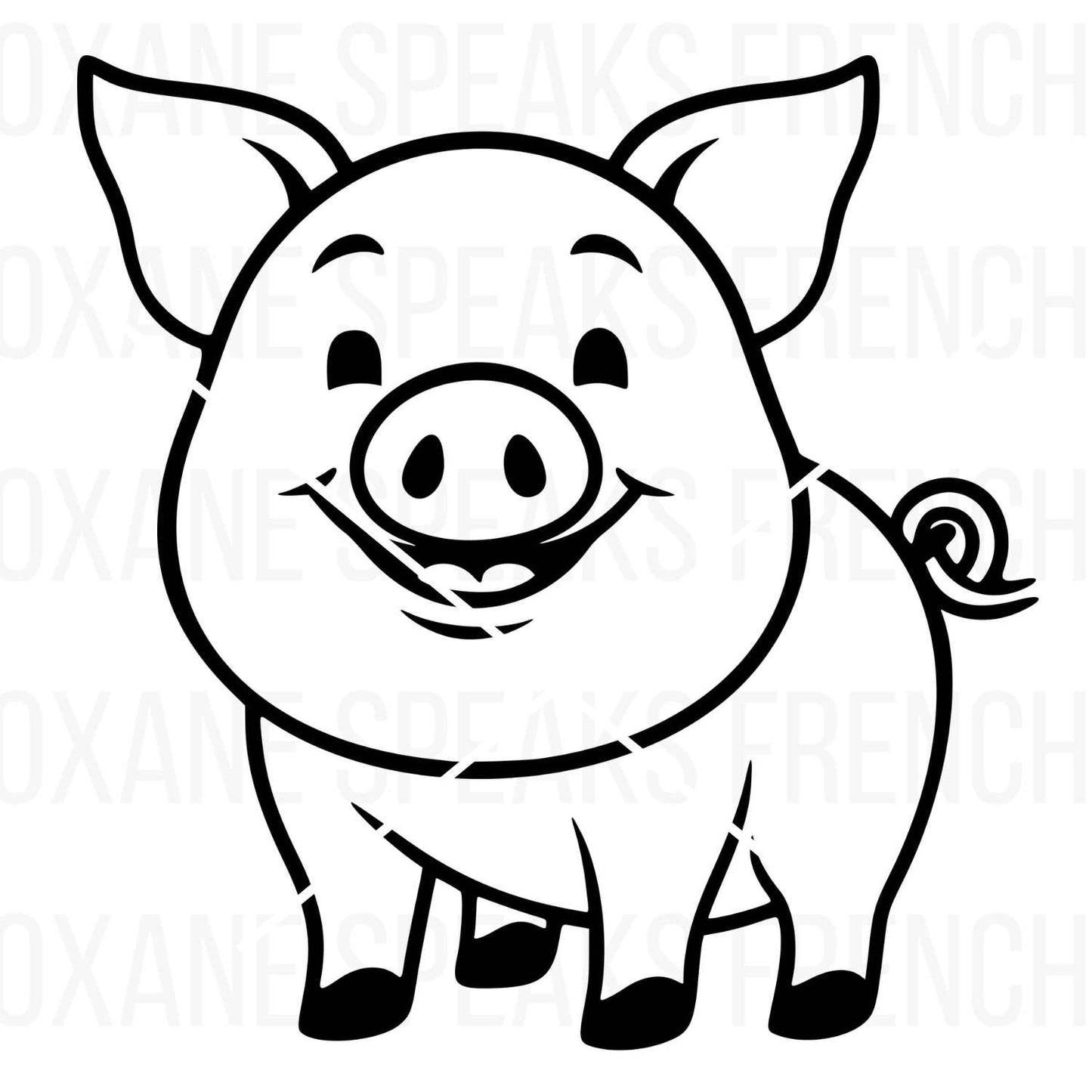 A cute black-and-white pig illustration with a happy expression, curled tail, and detailed features, perfect for farm-themed crafts, nursery decor, and DIY projects.