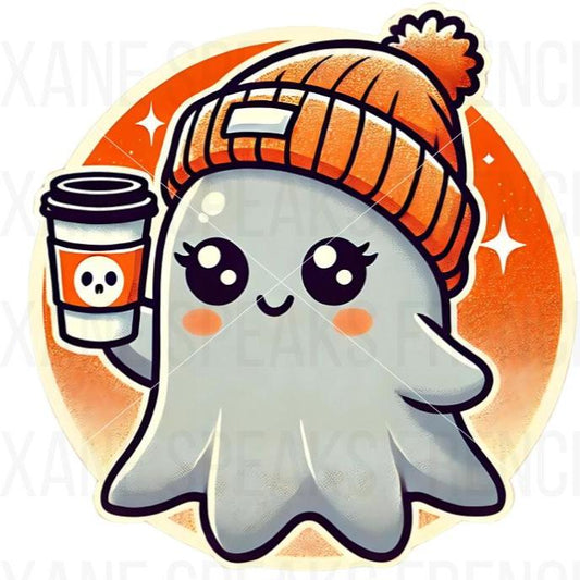 Retro-style cute Halloween ghost wearing an orange beanie and holding a coffee cup with a skull logo, standing in front of an orange round background. The design has a playful, kawaii look, perfect for print-on-demand projects.