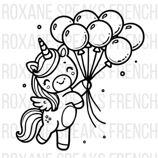 Cute unicorn coloring page holding balloons and smiling - printable line art design for kids and creative coloring