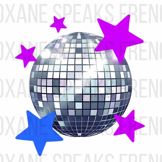 festive silver disco ball illustration with blue and purple stars