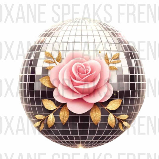  A disco ball adorned with a pink rose and golden leaves on a white background, designed for use as a PNG file.