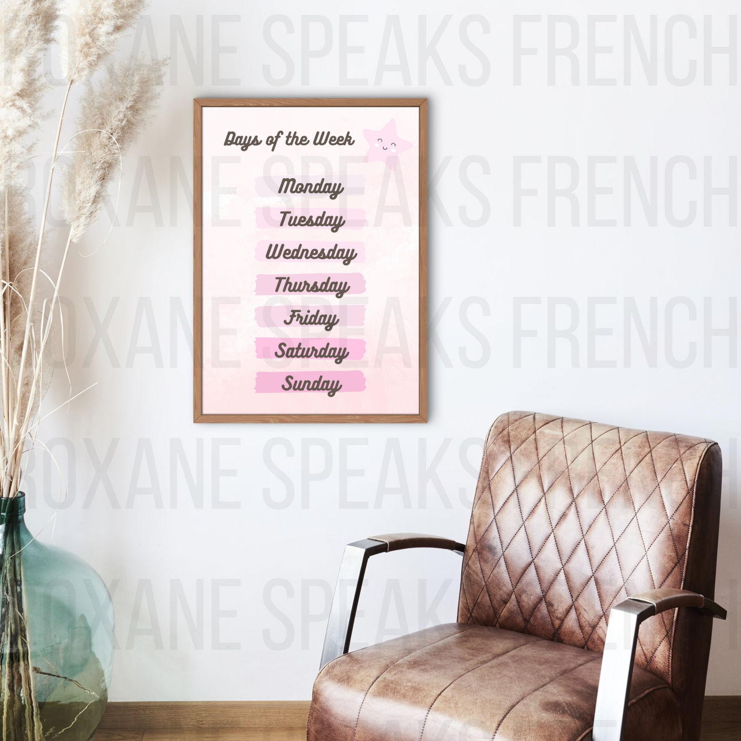 Framed Days of the Week Educational Poster in a kitchen or dining area with a vase and flowers, ideal for children's daily learning routine.