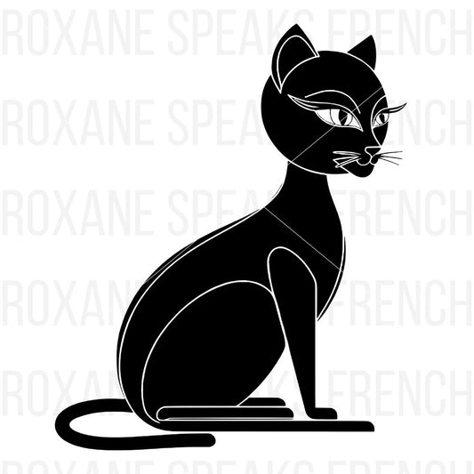 Elegant black cat silhouette with sharp features and minimalistic design, perfect for Halloween crafts, decorations, and invitations