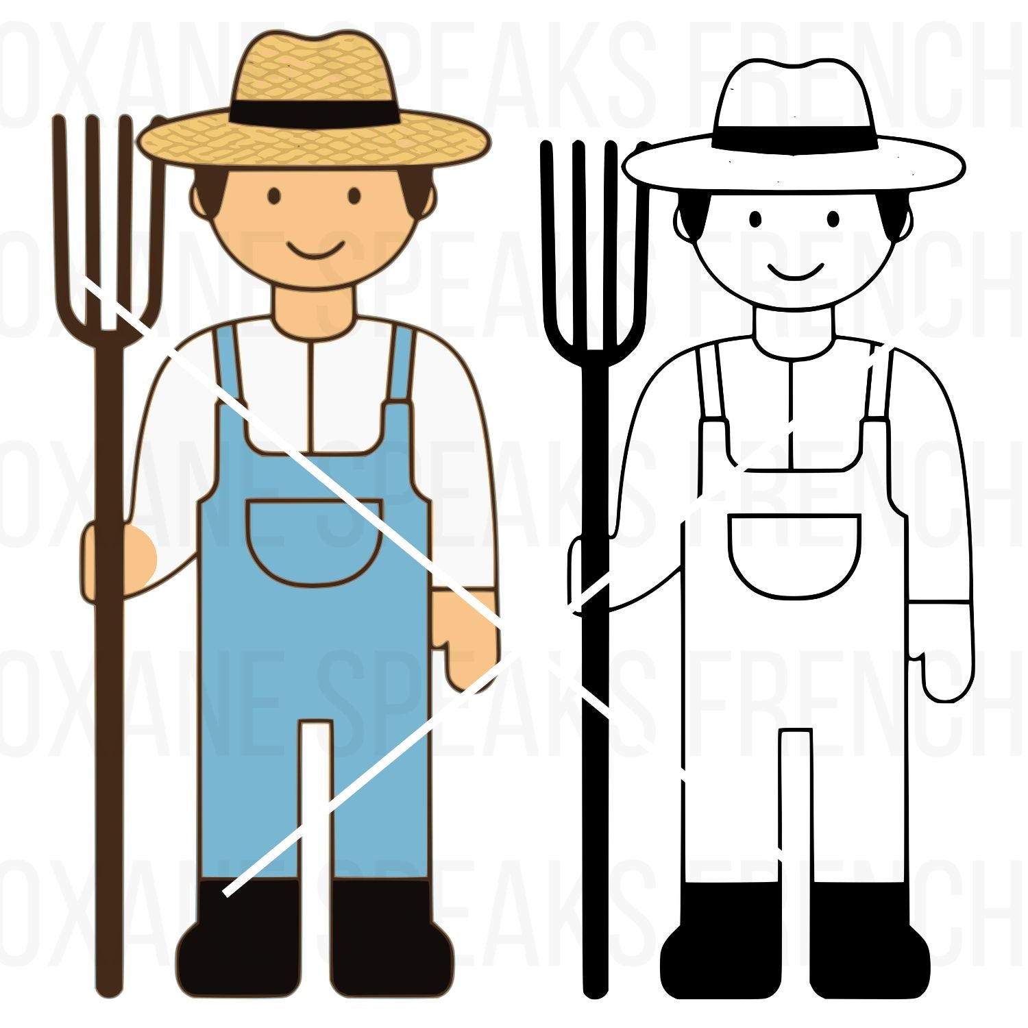 A farmer clipart design featuring a cheerful farmer holding a pitchfork, available in both color and black-and-white versions. Perfect for DIY crafts, farm-themed decor, and small business projects.