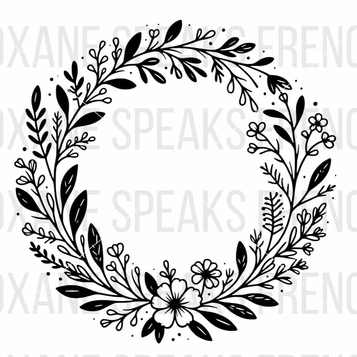 Floral Wreath SVG File – Black and white outline of a floral wreath, ideal for Cricut, Silhouette, and cutting machines