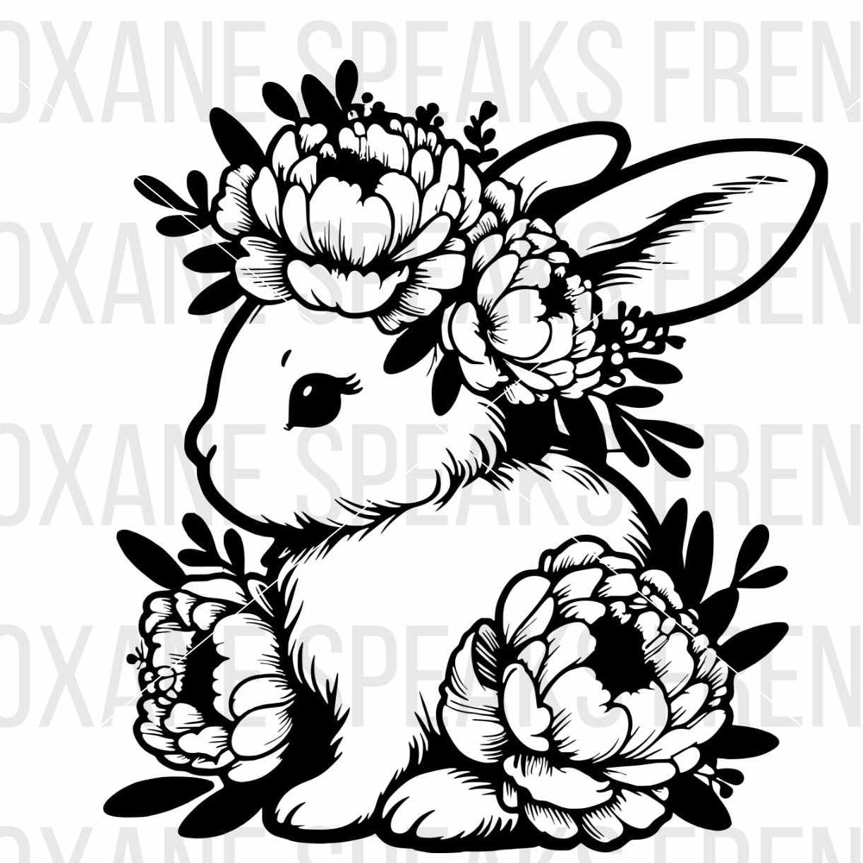 Black and white illustration of a bunny adorned with flowers, featuring a floral crown on its head and floral decorations around its body. The design is detailed and intricate, showcasing the bunny in a sitting position.