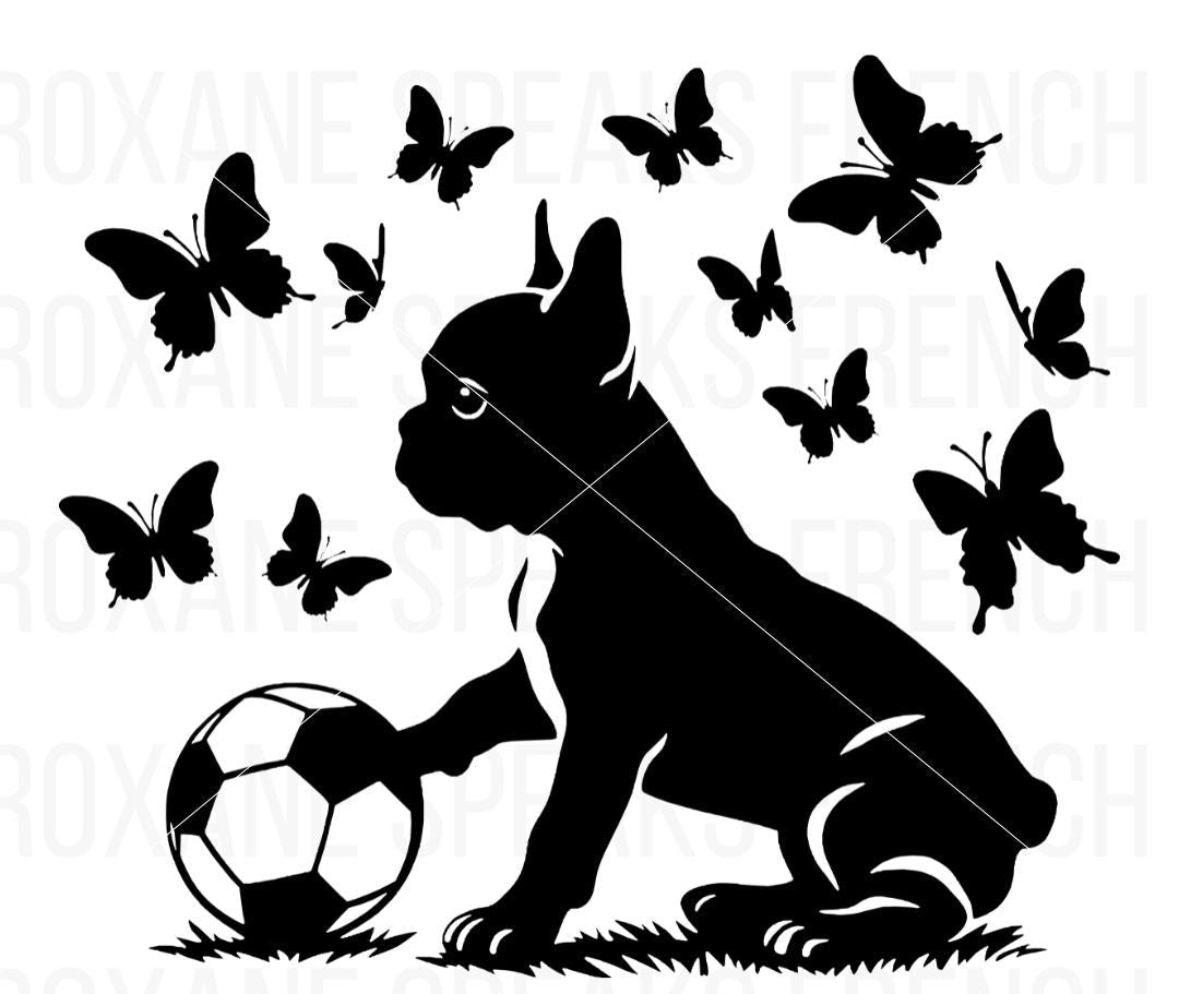 Silhouette of a French bulldog sitting with one paw on a soccer ball, surrounded by butterflies, designed in bold lines for crafting and print-on-demand projects. Available in SVG and PNG formats with a commercial license.