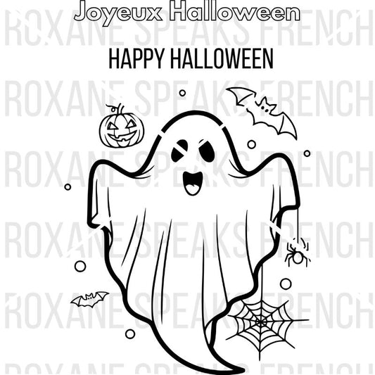 Bilingual Joyeux Halloween and Happy Halloween coloring page featuring friendly ghost with carved jack-o-lantern pumpkin, flying bat, spider and decorative spider webs with French and English text