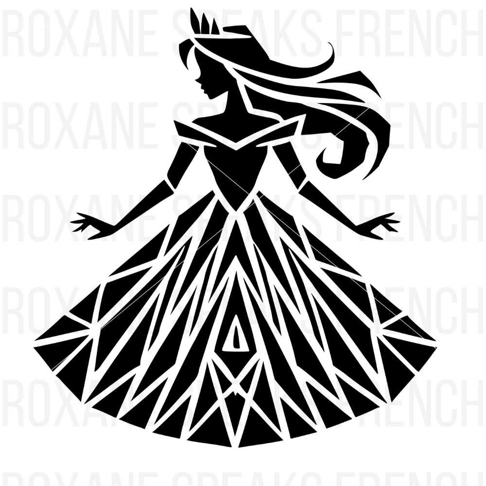 A geometric black silhouette of a princess with a flowing gown and crown, featuring sharp lines and angles, suitable for Cricut projects.