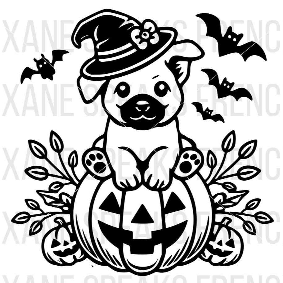 Halloween-themed German Shepherd puppy sitting on a jack-o'-lantern with a witch hat, surrounded by bats and pumpkins, available as an SVG and PNG for crafting projects