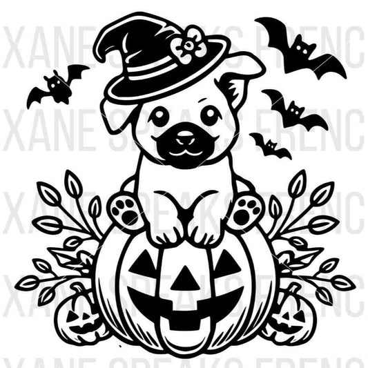 Halloween-themed German Shepherd puppy sitting on a jack-o'-lantern with a witch hat, surrounded by bats and pumpkins, available as an SVG and PNG for crafting projects