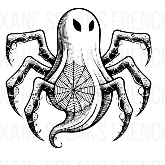 Illustration of a ghost with spider legs and a web on its body, designed with bold lines and a spooky Halloween theme. 